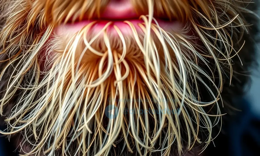 A close-up realistic photograph of a man's beard growing in multiple directions with visible split ends and uneven texture, showing natural hair growth patterns and stray hairs sticking out, high detail, sharp focus