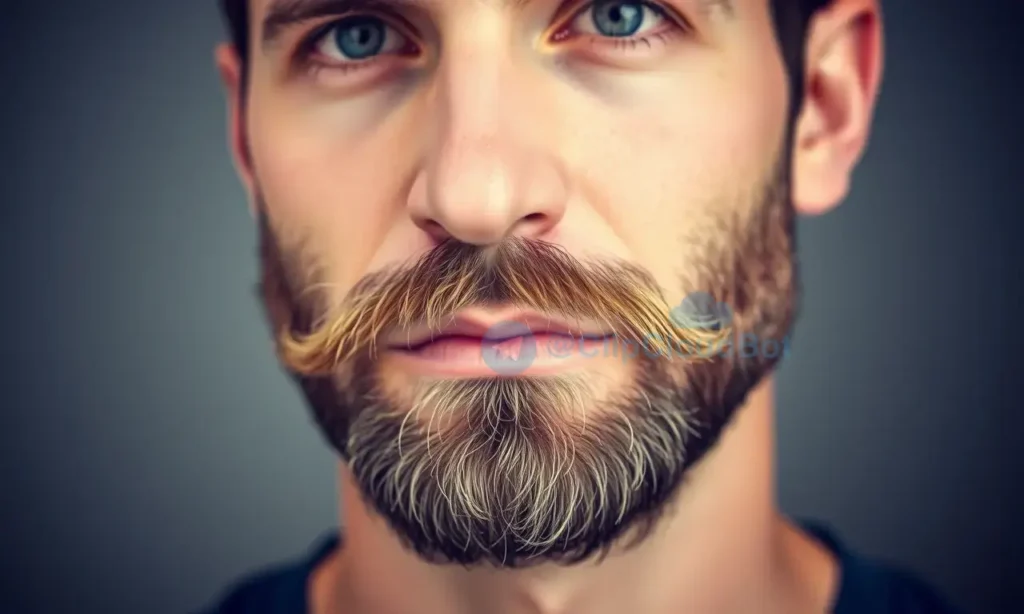 A close-up portrait of a man with a perfectly groomed, healthy beard, showing a neat, well-shaped beard with smooth lines and a subtle shine, set against a simple, soft-focus background to emphasize the beard's care and styling