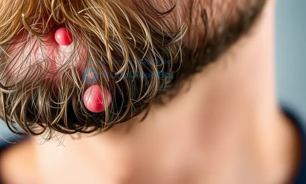 A close-up of a man's beard with visible ingrown hairs causing small red bumps and mild inflammation, showing early signs of irritation and trapped hairs beneath the skin surface, soft natural lighting, realistic skin texture, no text or symbols