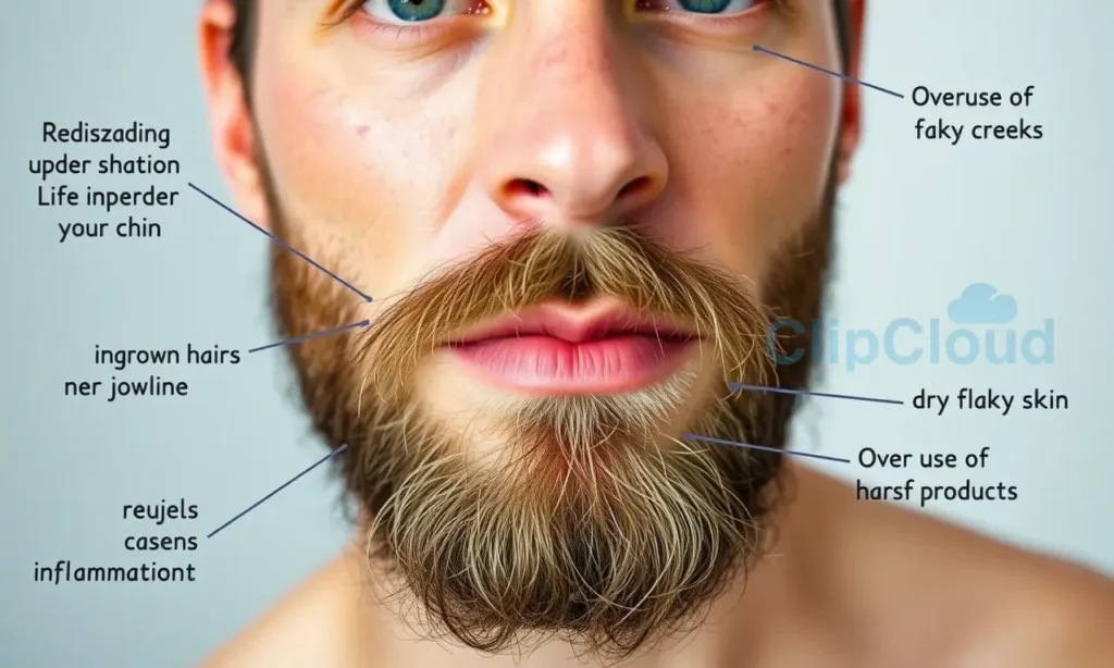 A close-up of a man's face with a well-groomed beard, showing common grooming mistakes: redness and irritation under the chin from improper shaving, ingrown hairs near the jawline, dry flaky skin on the cheeks, and overuse of harsh products causing inflammation — all visible in soft, natural lighting with realistic skin texture and beard detail