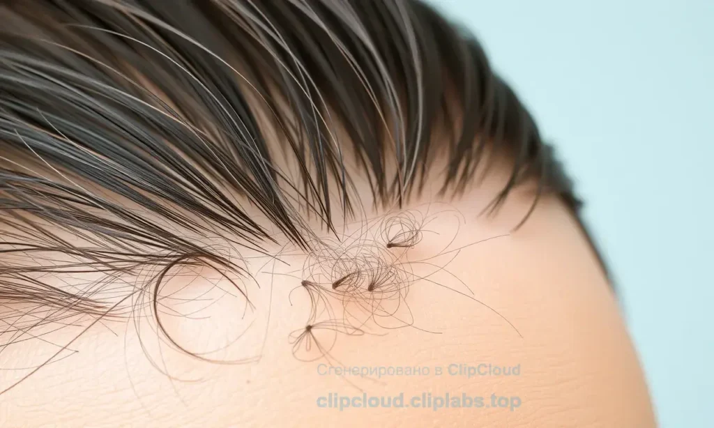 A close-up of a person's scalp showing hair strands detaching in small clumps, with a gentle breeze blowing the loose hairs away, realistic skin texture, natural lighting, no text or symbols