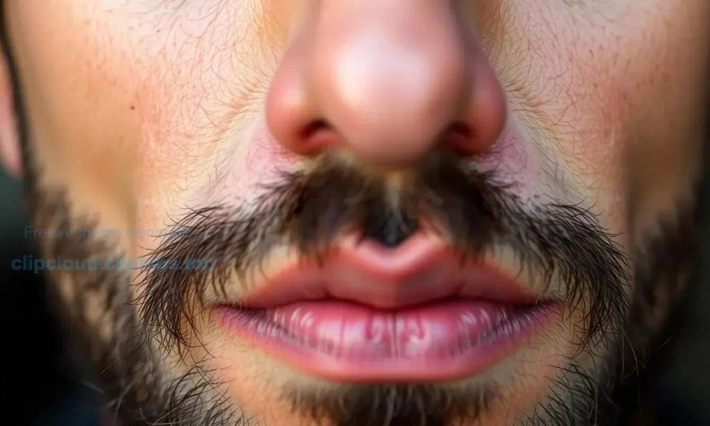 A close-up view of a man's face with a beard, showing darker skin underneath the beard compared to the surrounding facial skin, with subtle texture details and natural lighting, focusing on the contrast in skin tone under the beard area