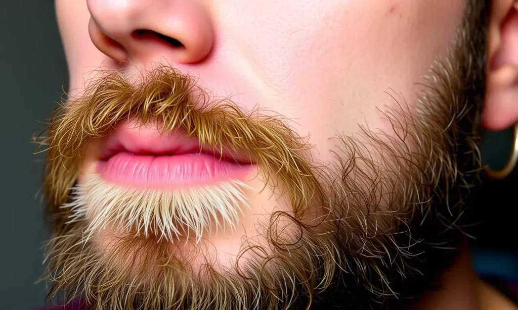 A close-up portrait of a man with a patchy, uneven beard growing in small clumps, showing visible skin areas and irregular hair distribution, realistic skin texture and natural lighting, no text or symbols on face