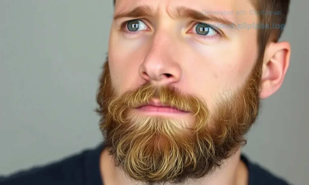 A close-up portrait of a man with a damaged beard, showing uneven patches and irregular growth. The man is looking thoughtful, with a slight frown, indicating concern about his beard's condition. The background is neutral and blurred to keep the focus on the beard and facial expression.