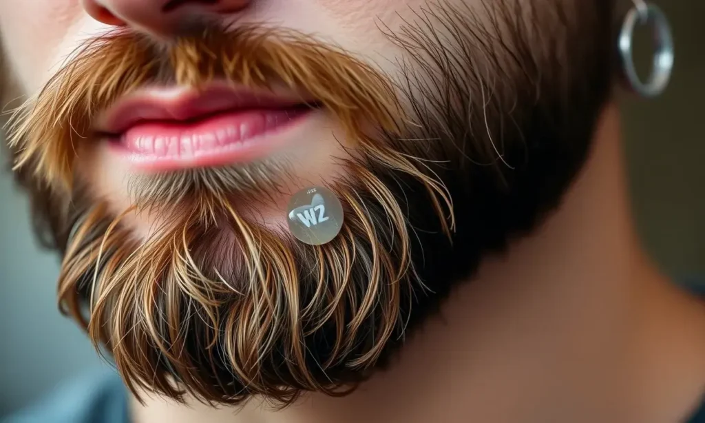 A close-up of a well-groomed man's beard with a small amount of clear beard wax applied, showing the wax holding the beard in a natural, slightly styled shape throughout the day, realistic lighting, high quality, 1280x720