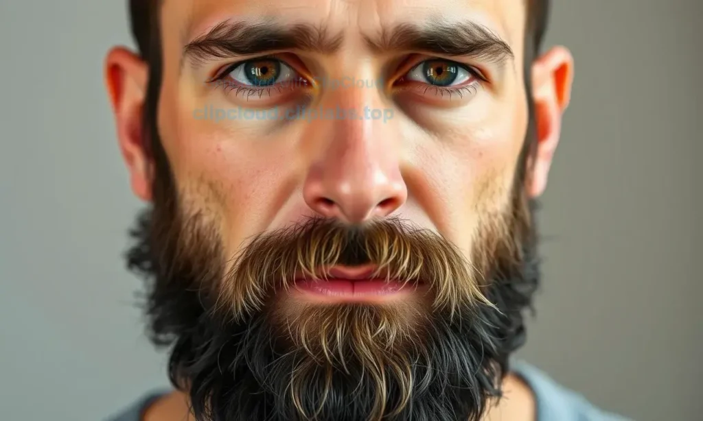 A close-up portrait of a man with oily facial skin and a thick, well-groomed beard, showing natural skin texture with subtle shine on the cheeks and forehead, beard dense and healthy, soft natural lighting, realistic skin pores and follicle detail, no makeup or artificial enhancements, focus on beard growth despite oily skin, neutral background