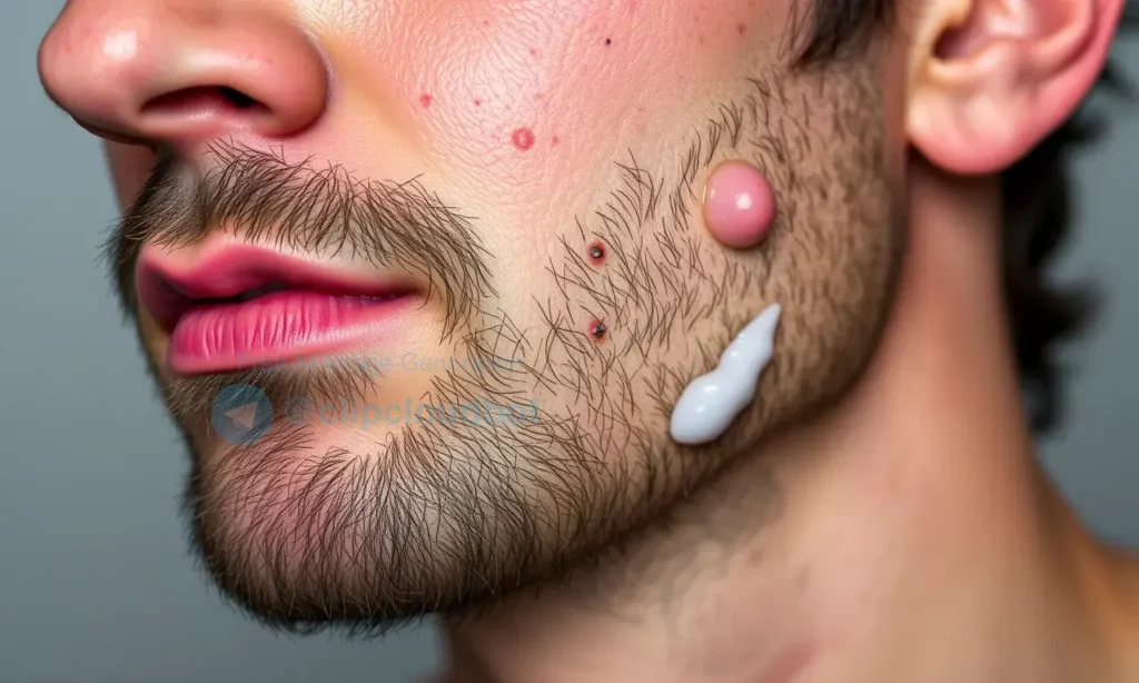 A close-up of a person's face showing the skin under the beard appearing dull, dry, and congested with visible pores, redness, and some blackheads. The skin looks stressed and unhealthy, with a few cosmetic products like a cream or serum slightly visible on the skin near the jawline. The background is neutral and blurred to keep focus on the skin condition.