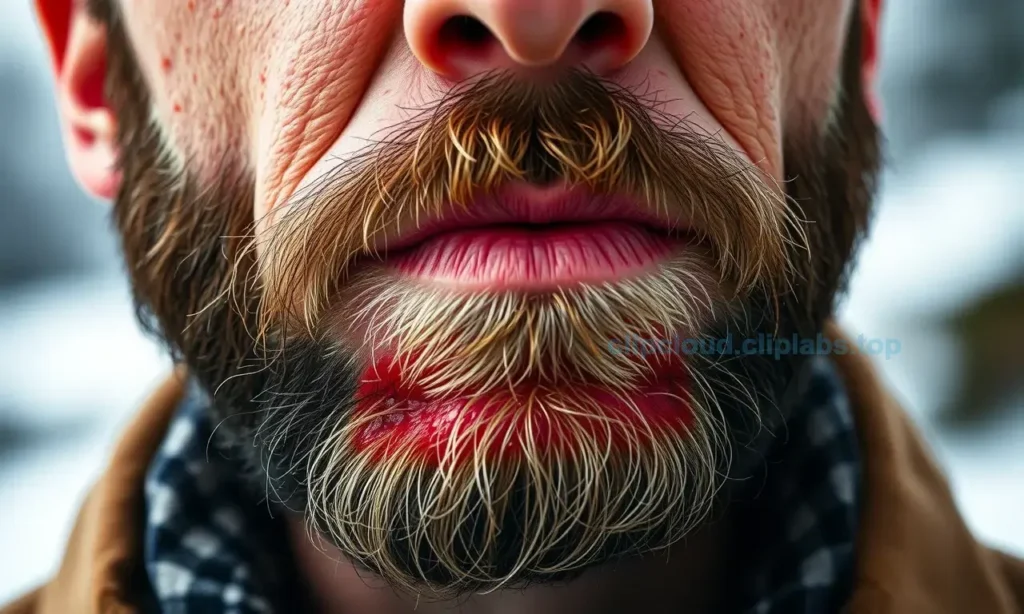 A close-up of a man's face showing irritated skin under the beard caused by wind and cold, with visible redness and dry patches, natural lighting, realistic skin texture, no text or symbols on skin