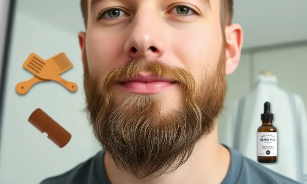 A man with a neatly trimmed beard, looking refreshed and well-groomed after using premium beard care products. The image should show a clean, tidy beard with no stray hairs, highlighting the results of using beard oils, combs, and trimmers. Include subtle details like a wooden beard comb, a bottle of beard oil, and a mirror in the background to represent grooming tools. The man should have a confident expression, showing satisfaction with his beard's appearance.