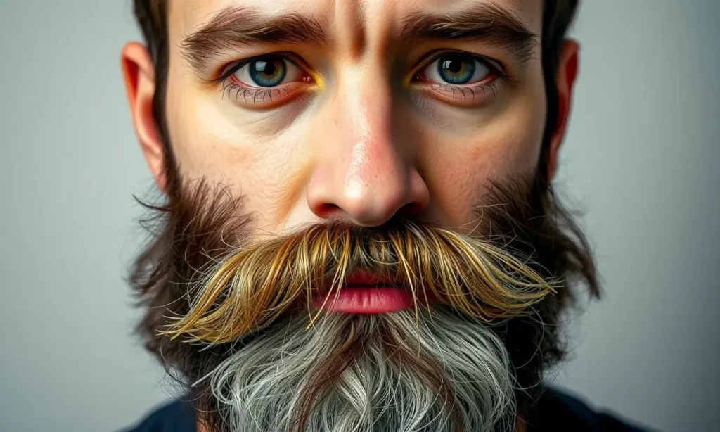 A close-up portrait of a man with a medium-length beard that appears unkempt and frizzy one hour after styling, showing stray hairs, uneven texture, and a slightly oily sheen, set against a neutral background to highlight the neglected state of the beard