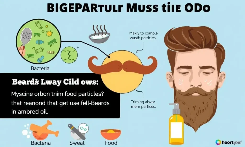 A detailed illustration showing the causes of beard and mustache odor, including bacteria, sweat, and food particles, with visual representations of hygiene solutions like washing, trimming, and using beard oil, in a clear infographic style