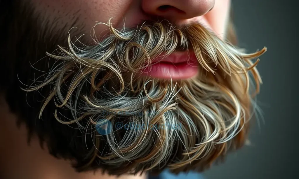 A close-up of a man's face with a slightly unkempt, fluffy beard that sticks out in different directions, showing individual hairs curling and frizzing due to dryness or lack of grooming, soft natural lighting highlighting texture, background blurred to emphasize beard detail, realistic skin and hair rendering