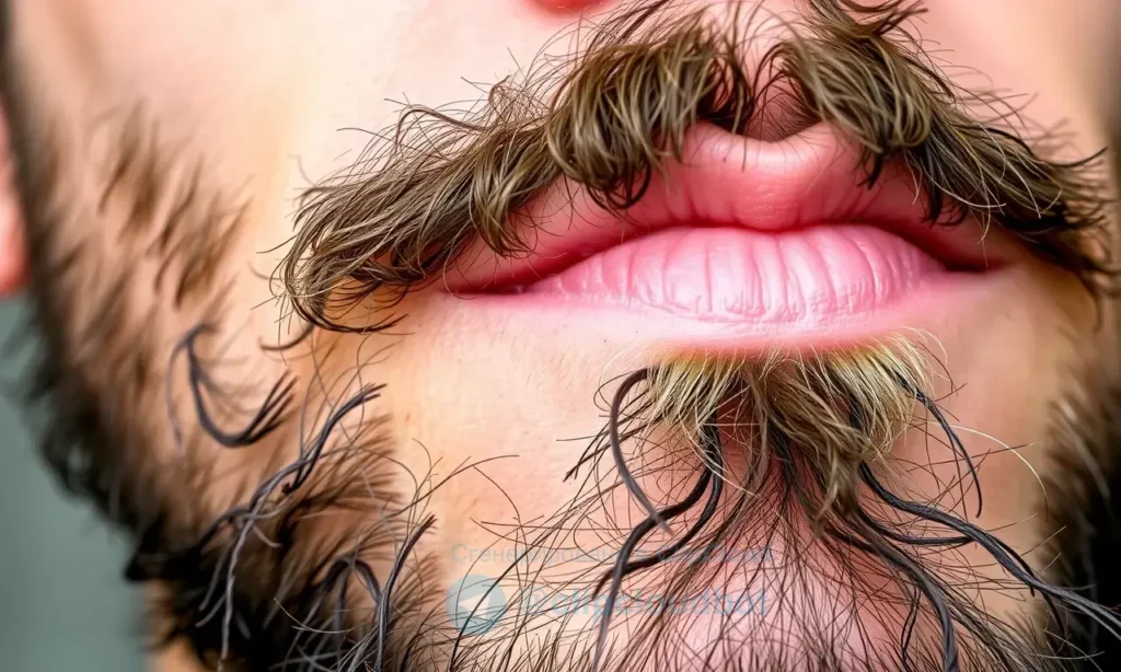 A close-up of a man's face showing natural hair strands falling off in small clumps, with a healthy scalp visible around the beard area, realistic skin texture, natural lighting, no text or symbols