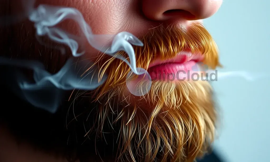 A close-up of a man's beard with visible smoke particles and faint tobacco scent visualized as subtle wisps, showing the beard absorbing smoke, clean background, realistic texture, high detail, 1280x720 resolution