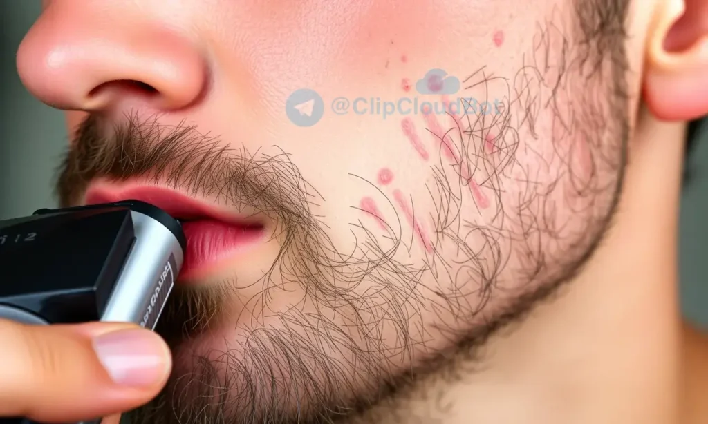 A person's face showing dry skin after using a trimmer and trimming beard contours, with visible redness and flakiness, in a realistic style