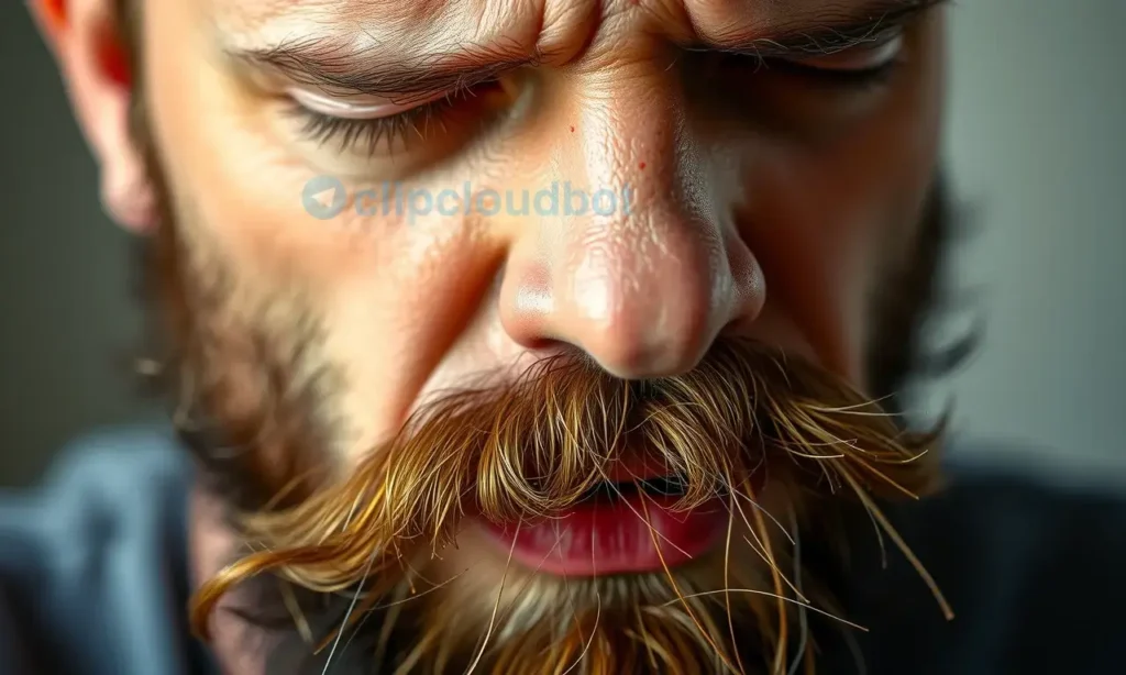 A close-up of a man's face showing hair strands falling off the beard in clumps, with a concerned expression, realistic skin texture, natural lighting, and detailed facial hair patterns