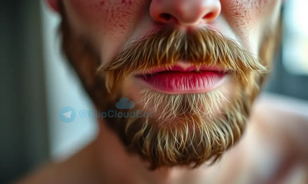 A close-up of a man's beard with slightly reddened skin around it, showing subtle irritation, natural lighting, realistic skin texture, no text or symbols