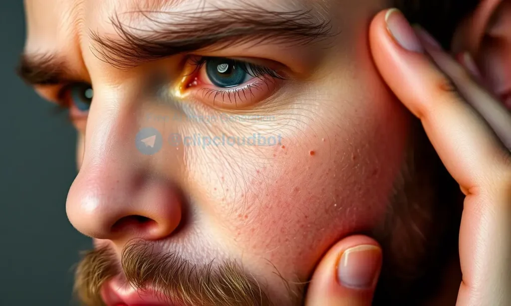 A close-up of a man's face showing subtle redness on the skin after using beard oil, with a concerned expression and a hand gently touching his cheek, natural lighting, realistic skin texture, no text or symbols on the skin