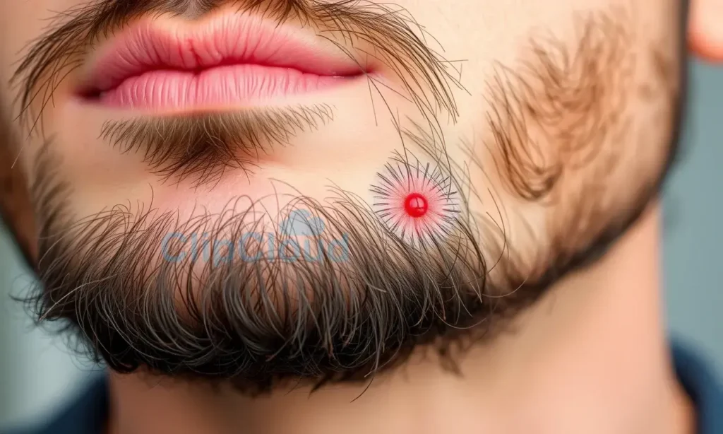 A close-up of a man's beard with visible ingrown hairs causing small red bumps and mild inflammation on the skin, showing realistic skin texture, short curly facial hair, and subtle signs of irritation without any text, symbols, or additional objects