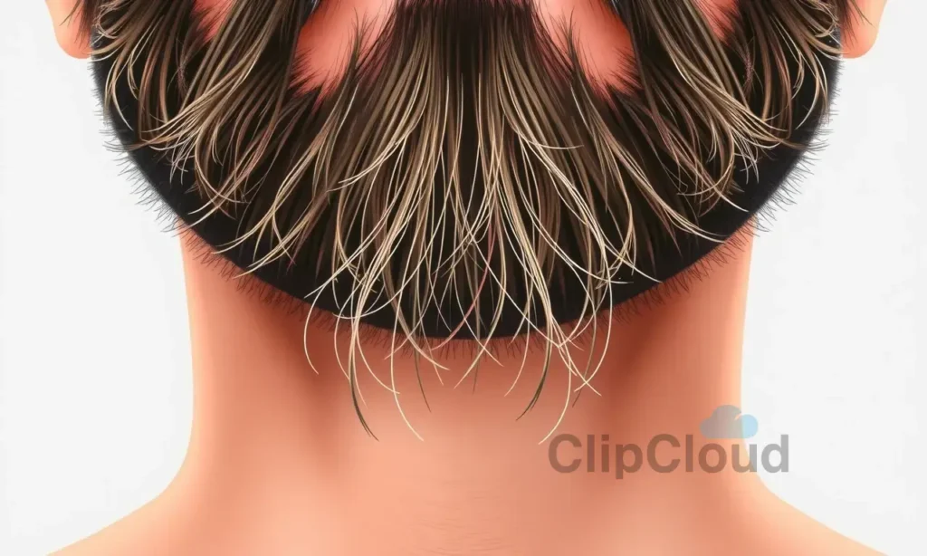 A close-up of a person's face showing hair strands falling off the beard in clumps, realistic medical illustration style, neutral background, no text or symbols, high detail