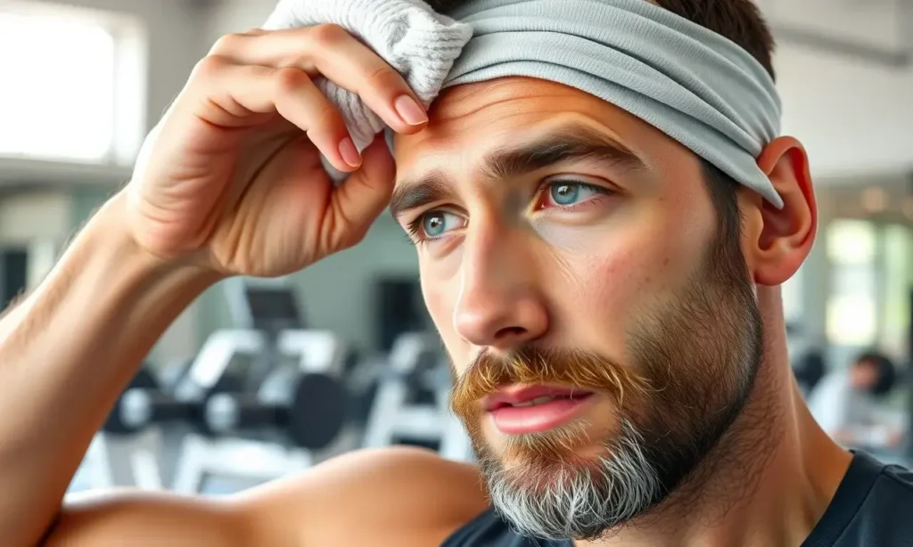 A close-up of a man with a well-groomed beard, wearing a light sports headband, wiping sweat from his forehead with a towel after a workout, standing in a modern gym with blurred fitness equipment in the background, natural daylight from a window, realistic skin texture, subtle beard oil sheen, no visible irritation or redness, focused expression of care and hygiene