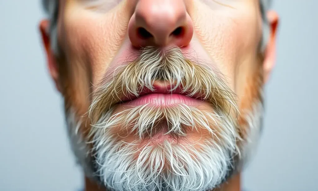 A close-up portrait of a middle-aged man with a partially graying beard, showing early signs of beard whitening compared to his scalp hair, natural lighting, realistic skin texture, detailed facial hair strands with subtle color contrast, neutral background, no text or symbols
