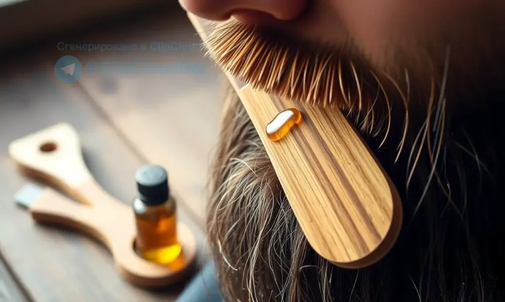 A close-up of a well-groomed man's beard being carefully brushed with a wooden comb, droplets of clear oil glistening on the bristles, soft natural lighting highlighting the texture of the beard, background blurred with wooden grooming tools and a small bottle of beard oil on a rustic wooden table