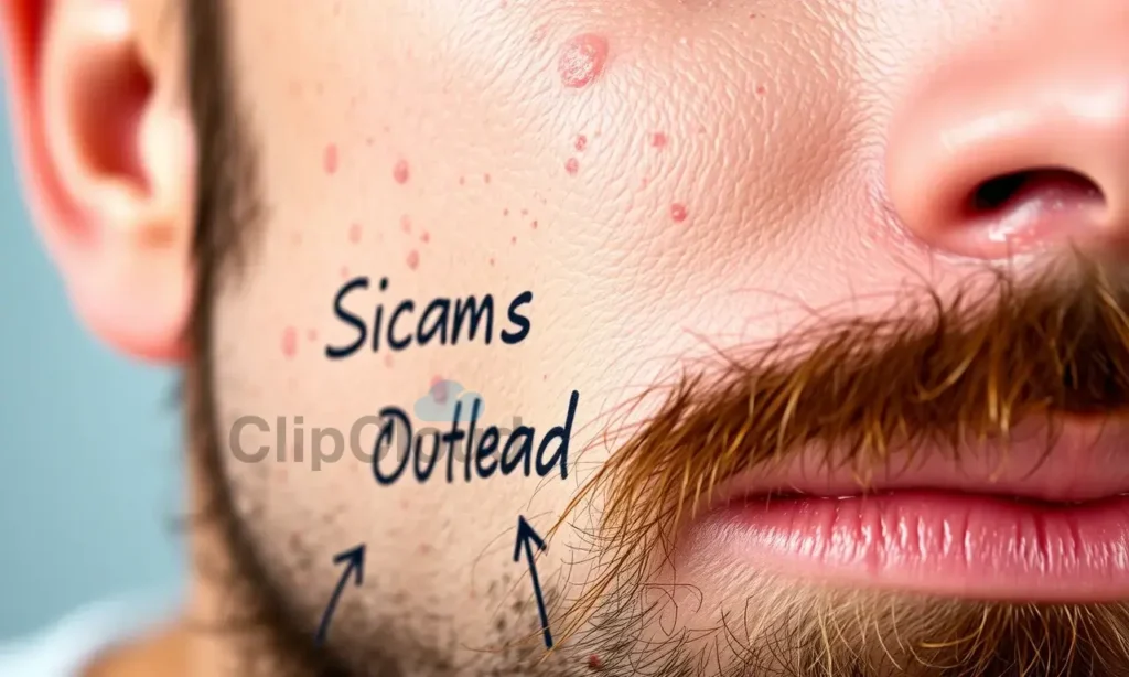 A close-up of a man's face showing skin under his beard with visible signs of cosmetic overload, such as redness, irritation, and clogged pores, in a professional medical diagnostic style
