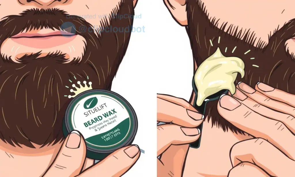 A close-up illustration showing a man applying beard wax to his facial hair, with visible strands being coated and separated, demonstrating proper application technique, clean background, clear focus on hair and wax product