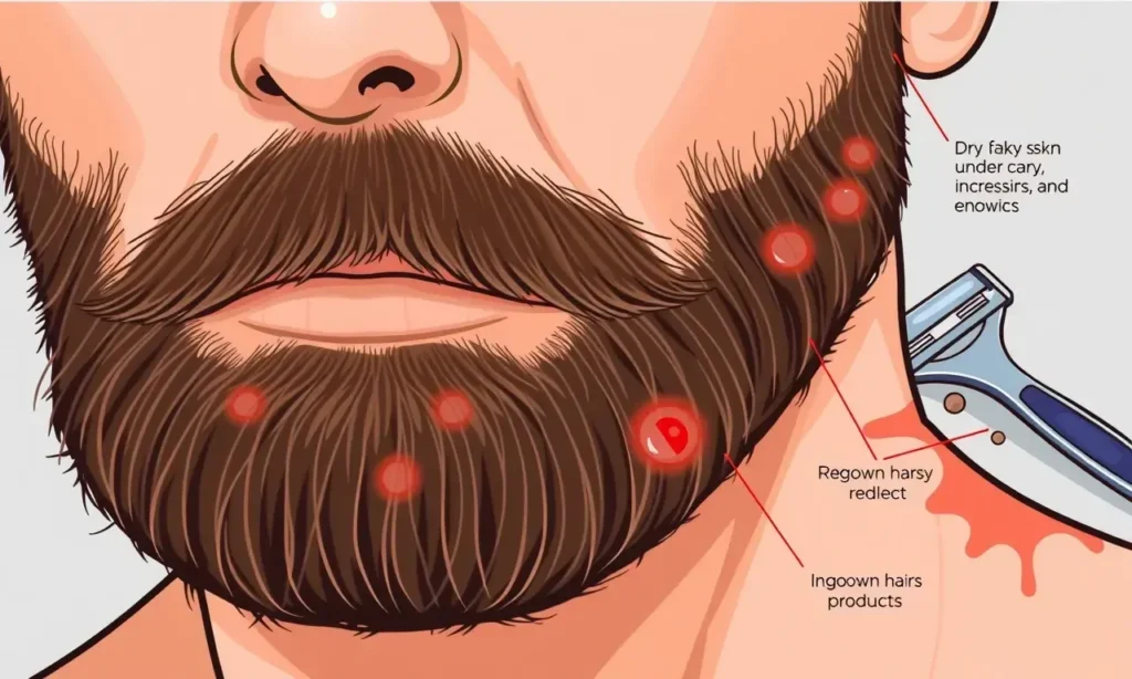 A close-up illustration of a man's face with a well-groomed beard, showing common grooming mistakes: uneven trimming, dry flaky skin under the beard, ingrown hairs, redness and irritation from using harsh products, and a dirty razor nearby. The skin appears inflamed and neglected despite the beard being present. Soft natural lighting, realistic skin texture, high detail.