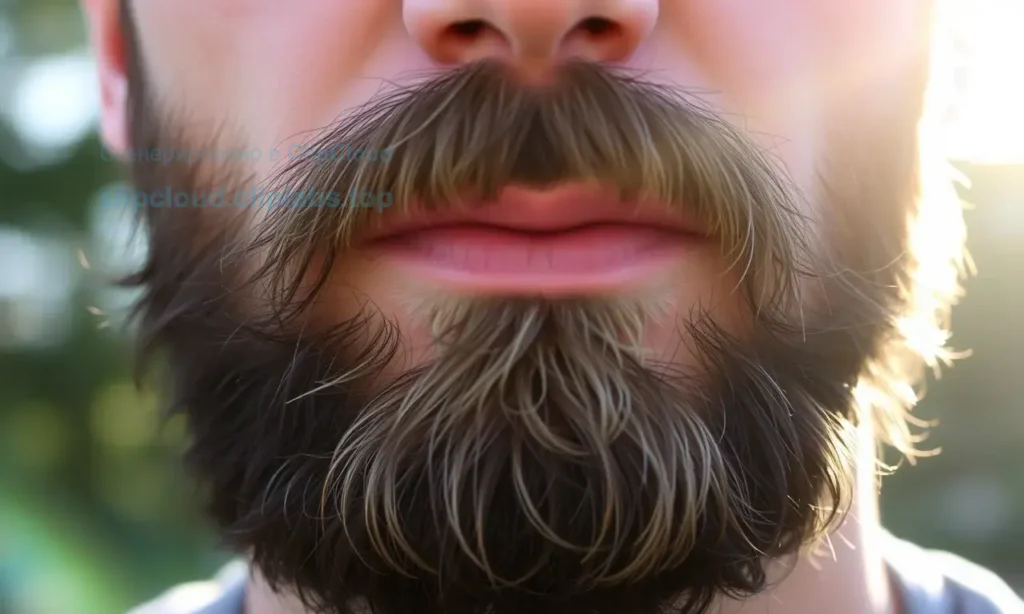 A close-up of a man's beard showing darker roots and lighter tips, with subtle sunlight filtering through facial hair, natural outdoor lighting, soft shadows, realistic skin texture, no text or symbols