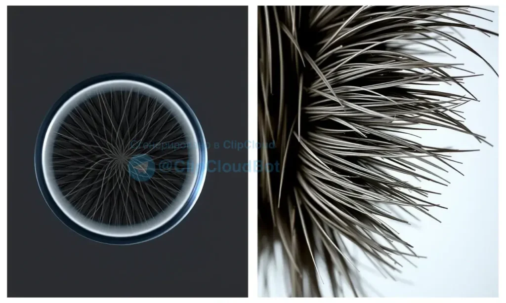 A close-up comparison of hair structure: on the left, a magnified view of scalp hair with a smooth, round cross-section and fine texture; on the right, a magnified view of beard hair with a thicker, more oval or flattened cross-section, coarser texture, and visible cuticle scales. Both strands are illuminated with soft, even lighting to highlight structural differences. No text, labels, or digits appear in the image.