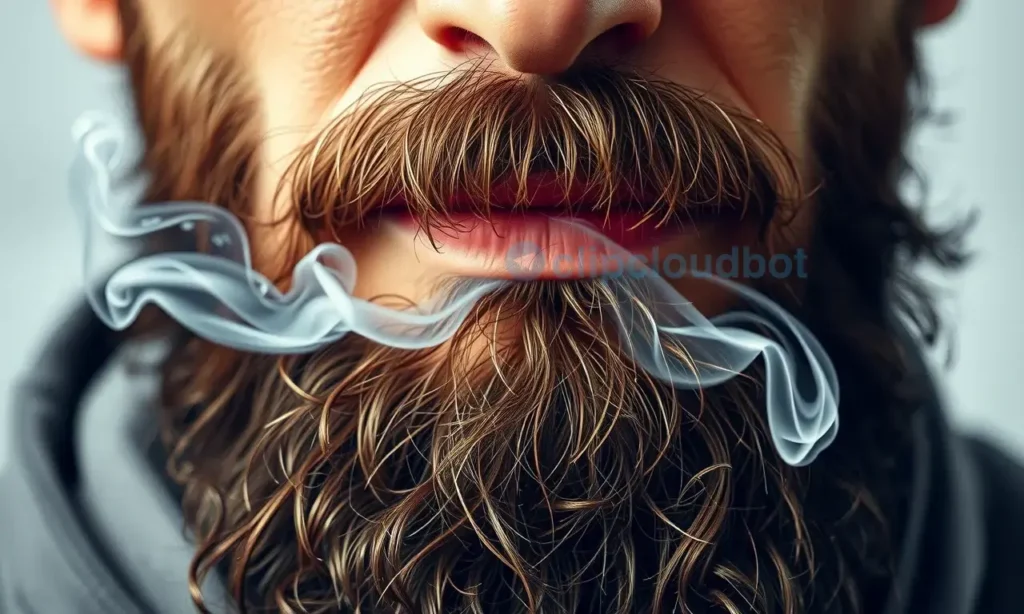 A close-up of a man's beard with visible smoke particles fading away, clean fresh hair, no smoke or ash, realistic detail