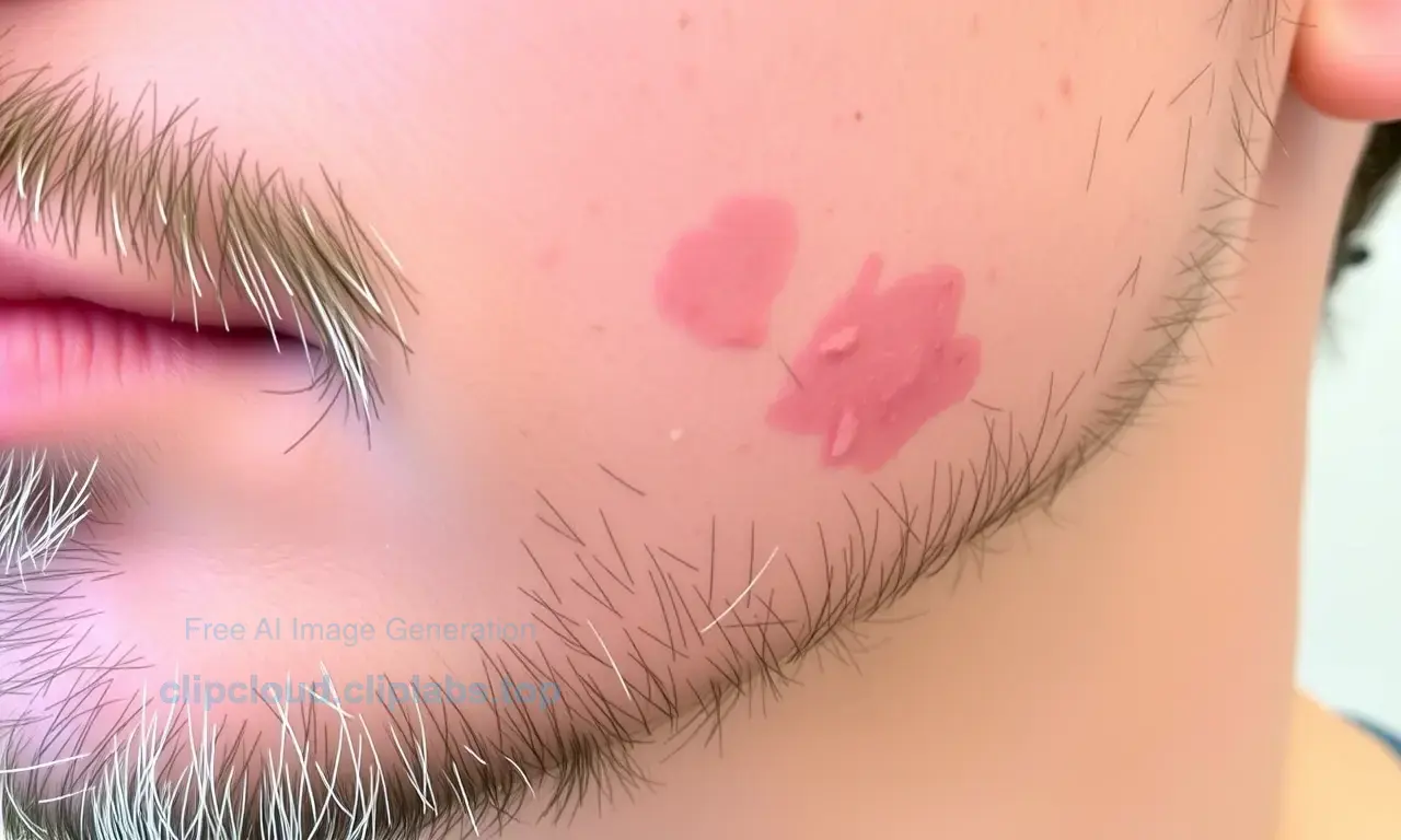 A close-up of human skin under a beard area showing mild redness and slight irritation after cosmetic application, with no visible text, numbers, or prohibited content. Focus on natural skin texture and subtle discoloration.