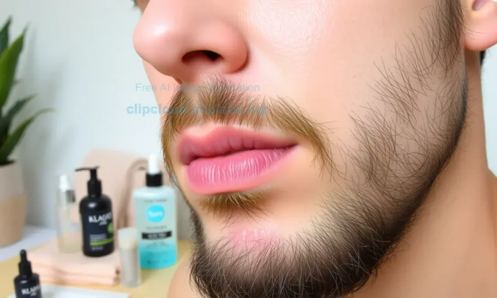 A close-up of a person's chin and neck area with visible skin irritation, redness, and slight swelling after applying cosmetic products. Show a clean, well-lit environment with a few cosmetic items like a moisturizer and cleanser on a soft surface in the background. Focus on the skin condition under the beard area.