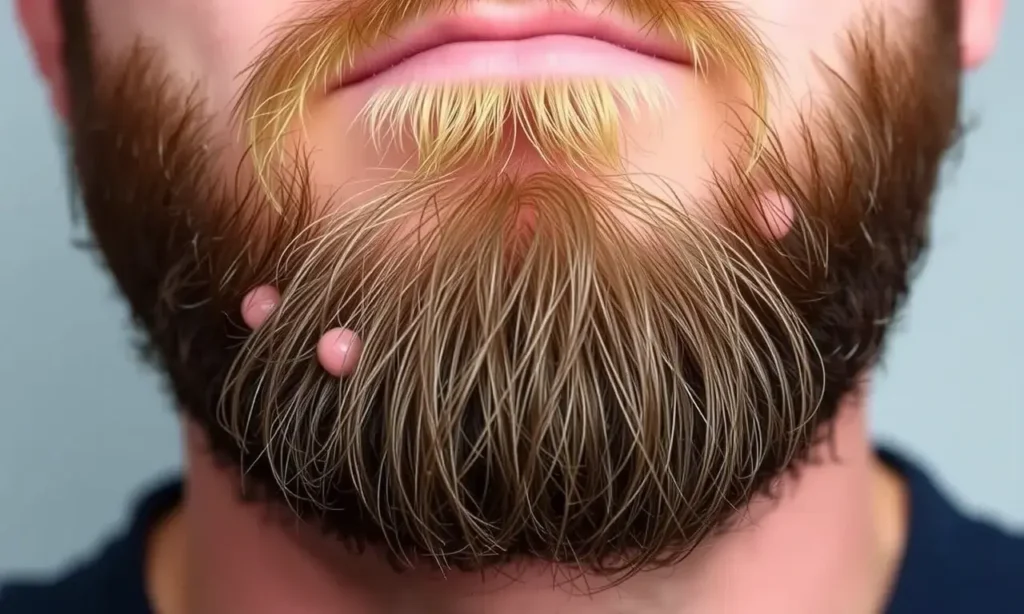 A close-up of a man's beard with visible ingrown hairs, showing redness and small bumps. The skin around the beard appears irritated, with some hairs growing inward. The background is neutral to emphasize the facial details.