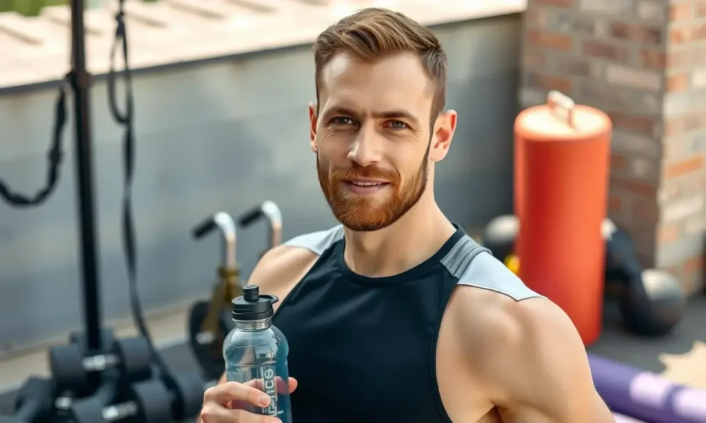 A clean-shaven athlete with a neatly trimmed beard, wearing sportswear, holding a water bottle, surrounded by outdoor training equipment like dumbbells and a yoga mat, bright natural lighting, high detail, no text or symbols