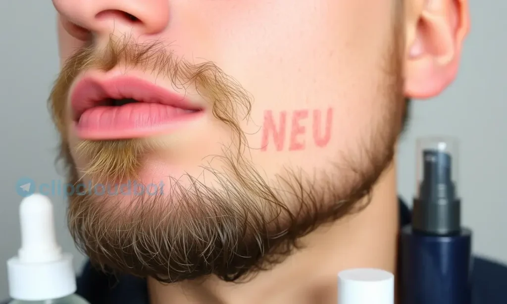 A person with a beard experiencing skin irritation under the beard area after applying cosmetic products. Show redness, slight swelling, and visible discomfort. Include cosmetic bottles nearby to indicate product use. Avoid any text or numbers in the image.