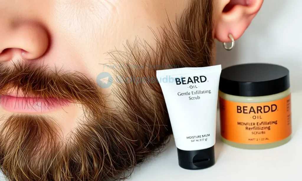 A close-up of a man's face showing healthy skin under a well-groomed beard, with subtle signs of irritation or dryness on one side to contrast proper vs improper beard care; on a clean white surface nearby, display beard oil, a gentle exfoliating scrub, and a moisturizing balm — all labeled in minimalist, elegant typography without readable text; soft natural lighting, high detail, realistic skin texture, no visible words, numbers, or logos