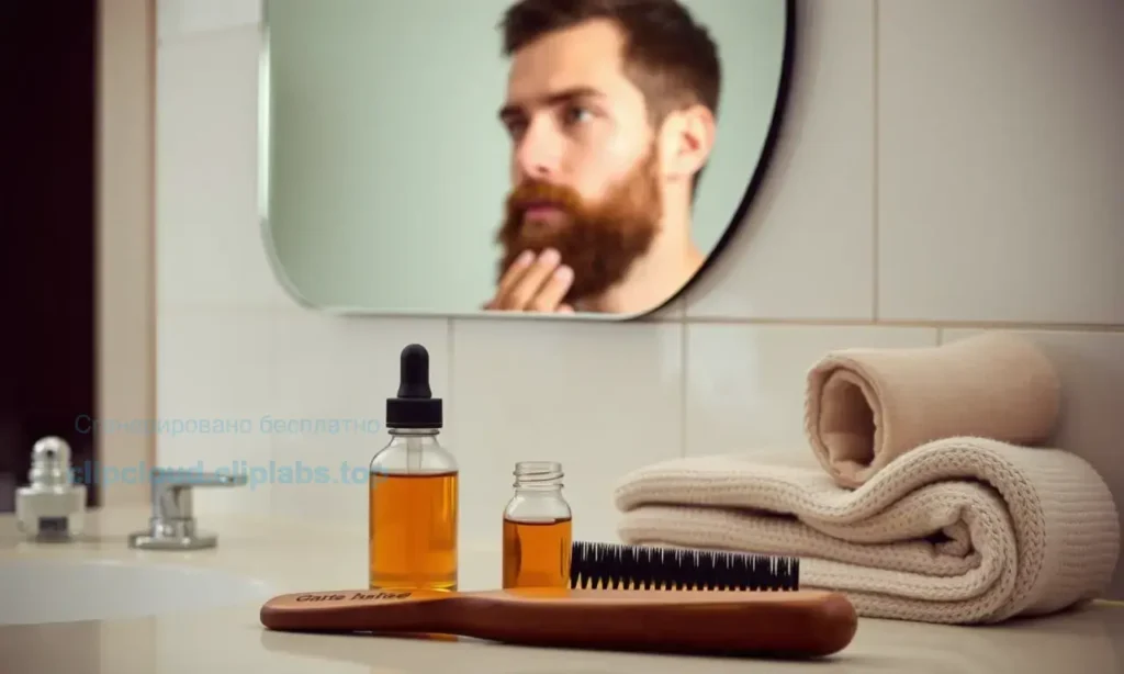 A clean, well-lit bathroom countertop with a wooden beard brush, a small jar of beard oil, a comb, and a soft towel, all arranged neatly. In the background, a mirror reflects a man's face with early-stage beard growth, showing soft, slightly prickly stubble. The lighting is natural and warm, emphasizing texture and care. No text, labels, or numbers appear in the image.