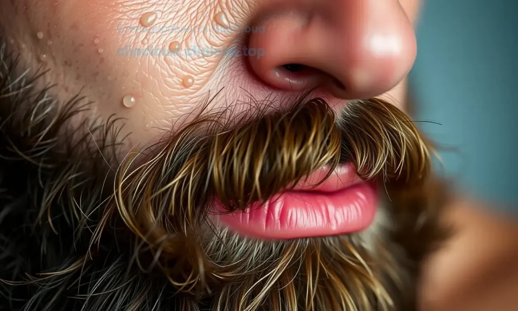 A realistic close-up portrait of a man with a dense, full beard growing on his face, showing healthy skin texture with visible pores and natural oiliness, emphasizing the contrast between a thick beard and oily facial skin, high detail, sharp focus, natural lighting, no text or symbols