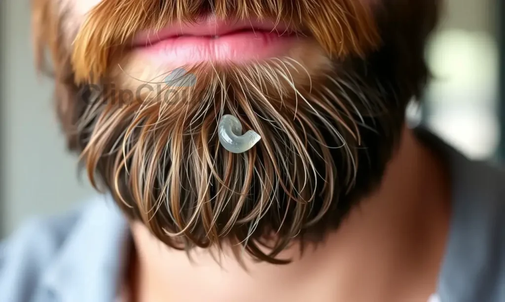 A close-up of a well-groomed man's beard with visible waxed strands, showing a small amount of clear beard wax applied to keep hairs together, natural lighting, realistic texture, no text or symbols