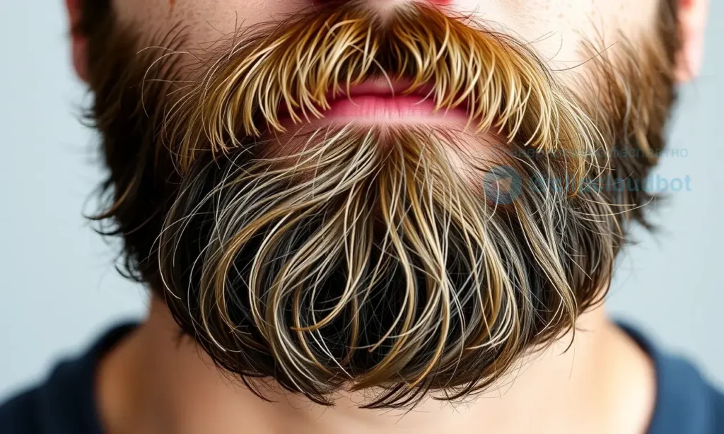 A close-up of a man's beard showing a natural gradient from dark roots to light tips, with individual hairs clearly visible, soft natural lighting, and a neutral background to emphasize the color variation along the hair shafts