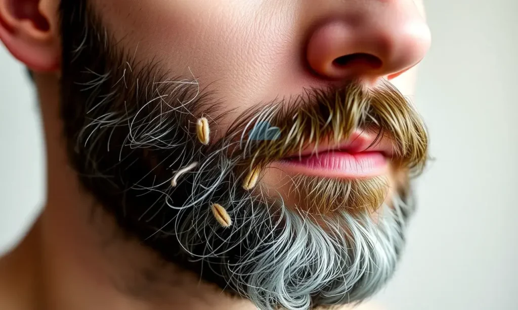 A close-up of a man's face with a well-groomed beard that still appears slightly unkempt despite daily care — showing subtle unevenness in hair length, minor stray hairs, and dry patches, set against a soft neutral background with natural lighting to highlight texture and detail