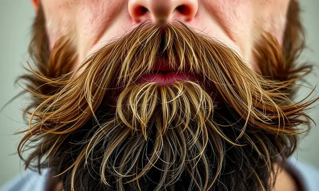 A close-up of a man's face showing a fluffy, unruly beard with hairs sticking out in different directions, soft natural lighting, realistic skin texture, detailed facial hair, no background distractions