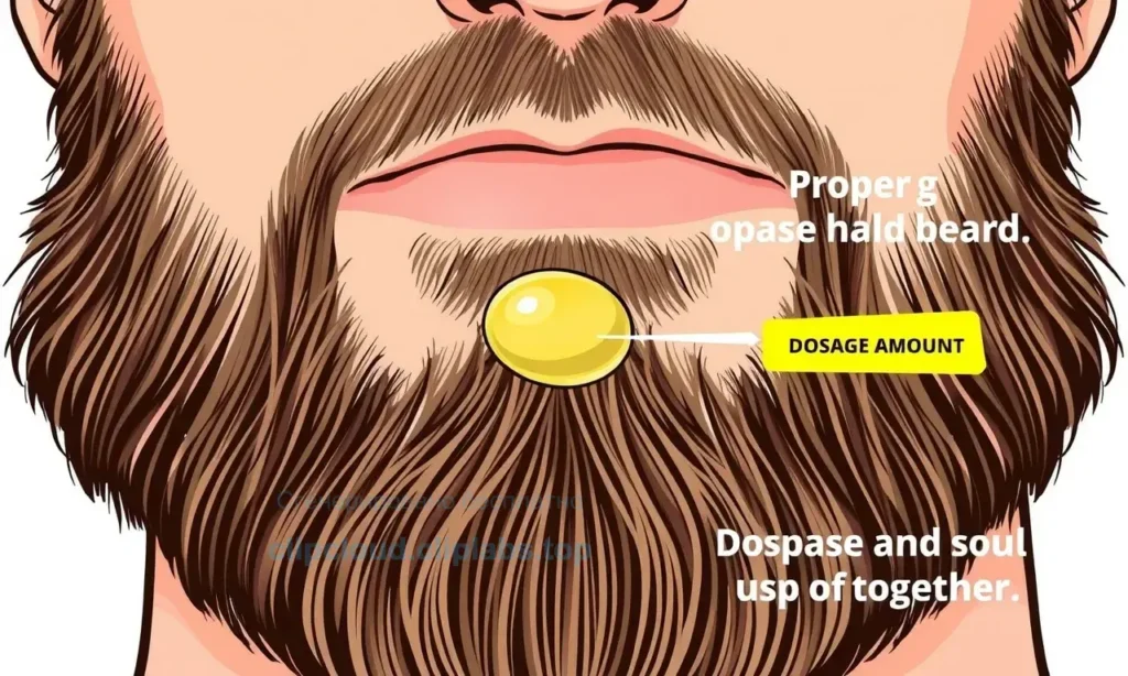 A close-up illustration showing a man's beard with visible hair strands being held together by a small amount of beard wax, demonstrating proper application technique with clear visual guidance on dosage amount