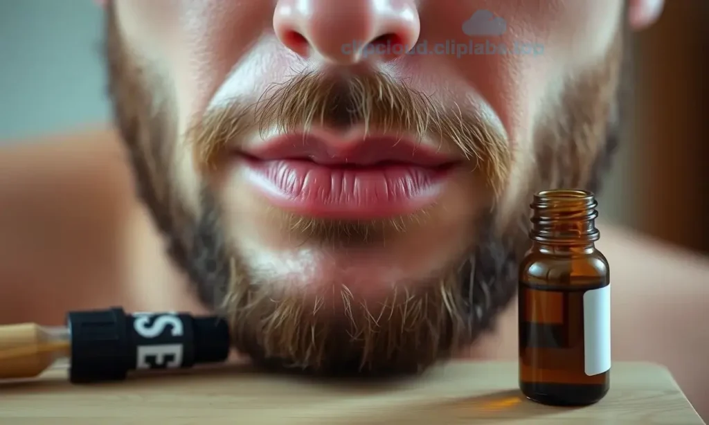 A close-up of a man's face showing mild skin redness on cheeks and jawline after using beard oil, with a small bottle of beard oil nearby on a wooden surface, soft natural lighting, realistic skin texture, no text or symbols