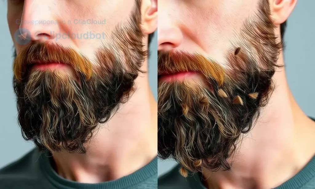 A realistic portrait of a man with a medium-length beard, showing some beard hairs gently falling off in small clumps. The composition is split into two halves: the left side depicts a healthy, well-maintained beard with minimal hair loss, while the right side shows a slightly patchy beard with more noticeable clumps of falling hair, illustrating the difference between normal shedding and a potential problem. The background is neutral and unobtrusive, focusing attention on the beard details.