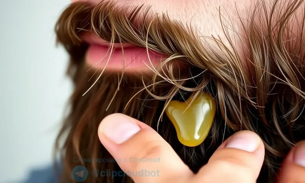 A close-up of a well-groomed beard with visible hair strands being held together by a clear, natural-looking beard wax, applied precisely at the roots to prevent stray hairs, showing proper dosage with a small amount of product on fingertips, soft natural lighting, realistic texture of hair and wax, no text or symbols on the image