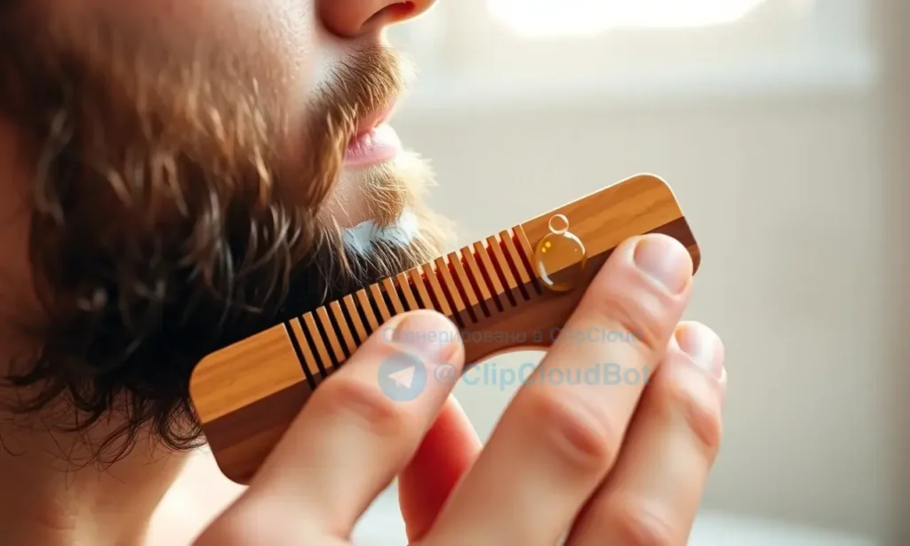 A close-up of a well-groomed beard being gently combed with a wooden beard comb, with natural oils being applied using fingertips, set against a soft, blurred bathroom background with warm morning light filtering through a window, emphasizing skin health and beard preparation for growth — no text, no letters, no digits, no products visible, just natural grooming tools and skin